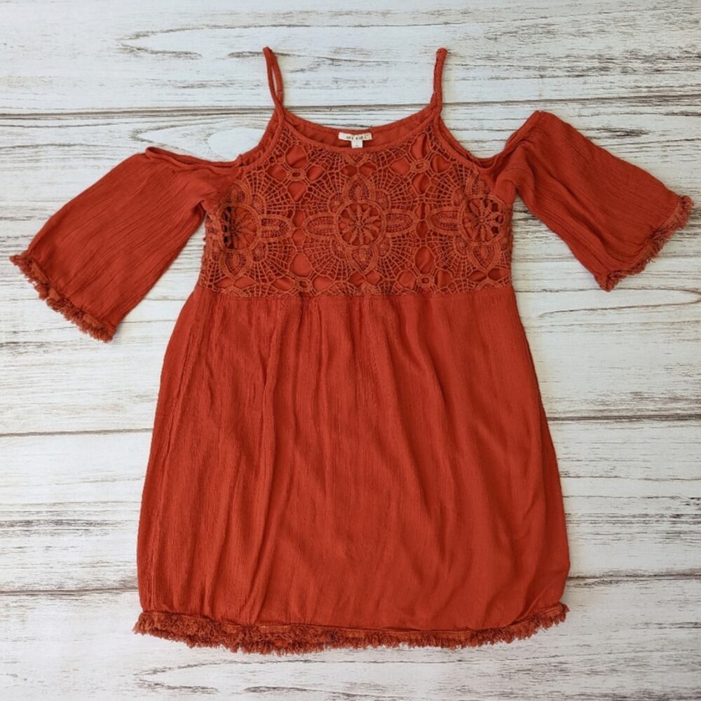 Miami Orange Cold Shoulder Gauzy Crochet Dress Largewo